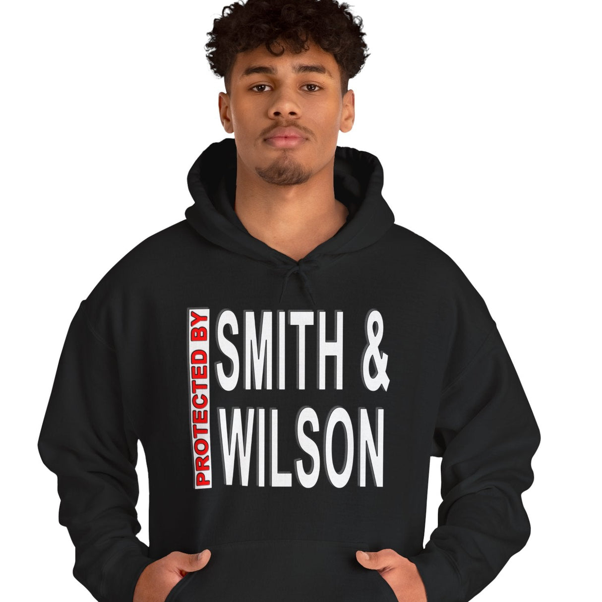 Person wearing a black hoodie with 'Smith & Wilson' text on a white background