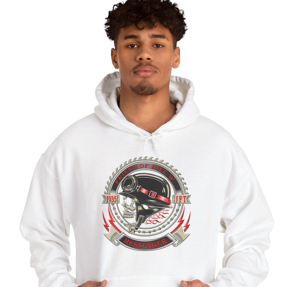 Person wearing a white hoodie with a graphic design on a white background