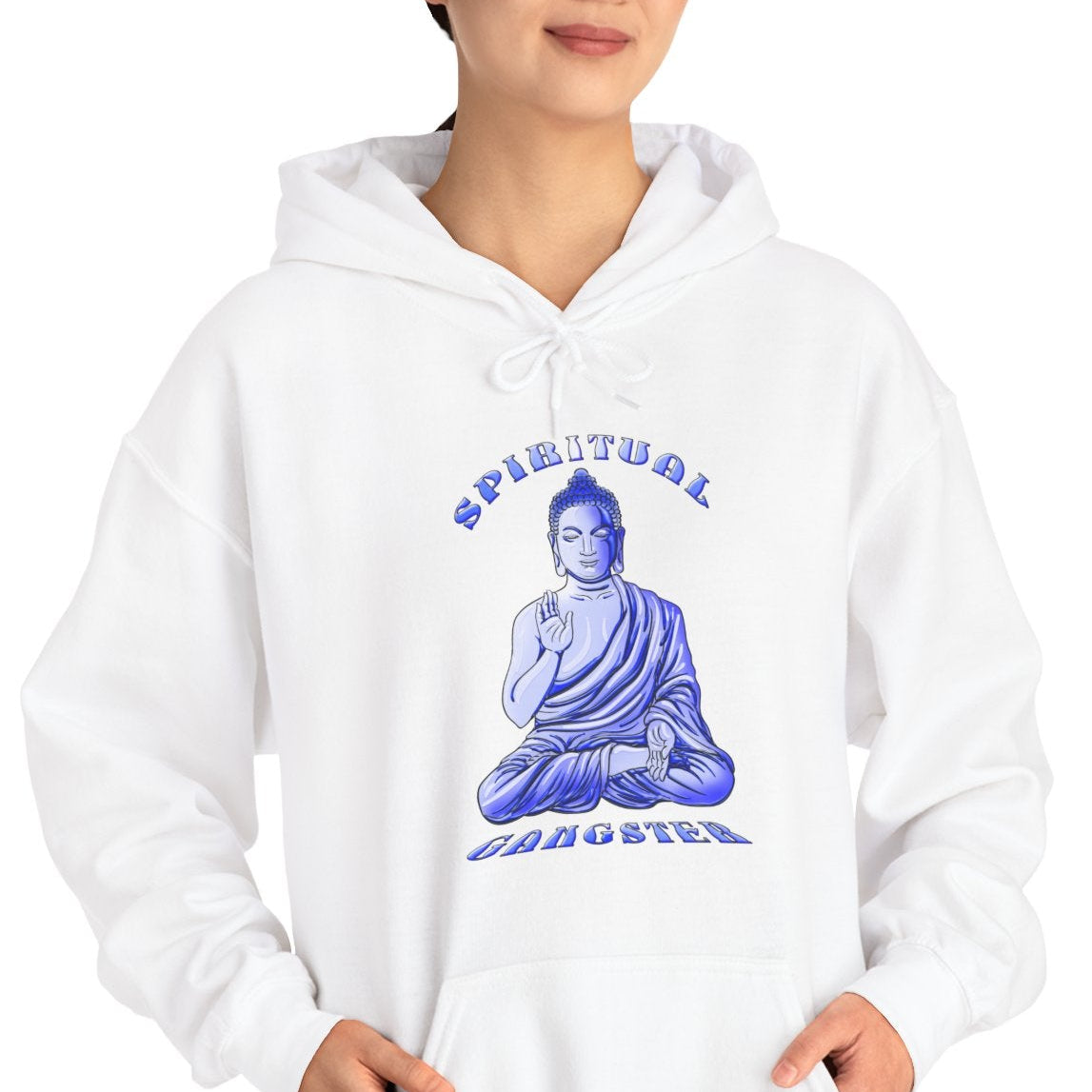 Person wearing a white hoodie with a blue Buddha graphic on a white background