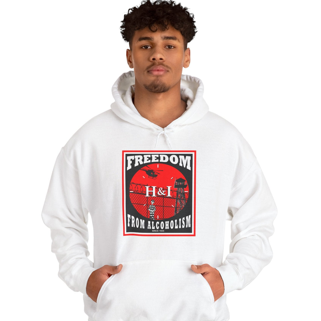Person wearing a white hoodie with a red and black graphic design on a white background