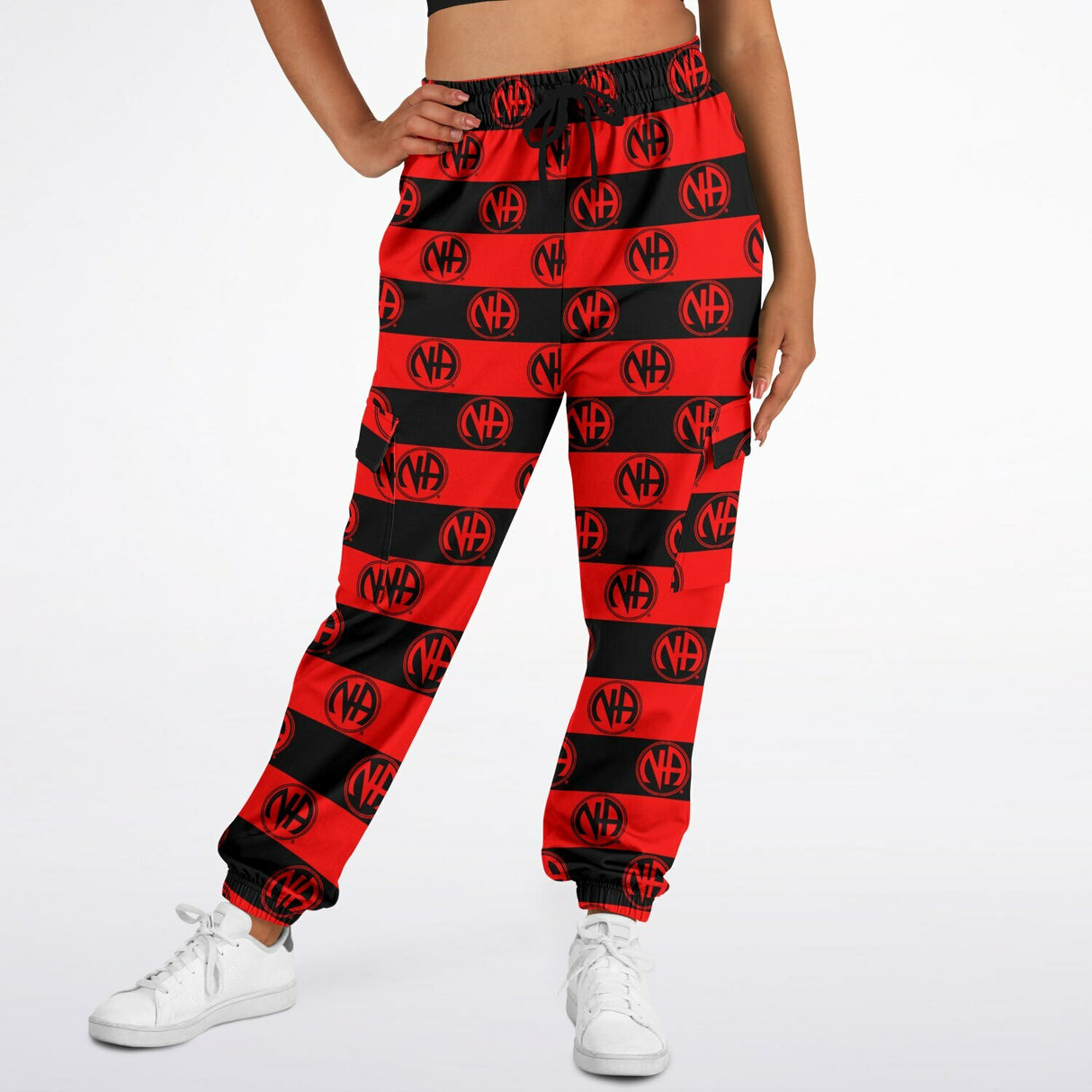 Red & Black Striped NA Symbol AOP SWEAT PANTS