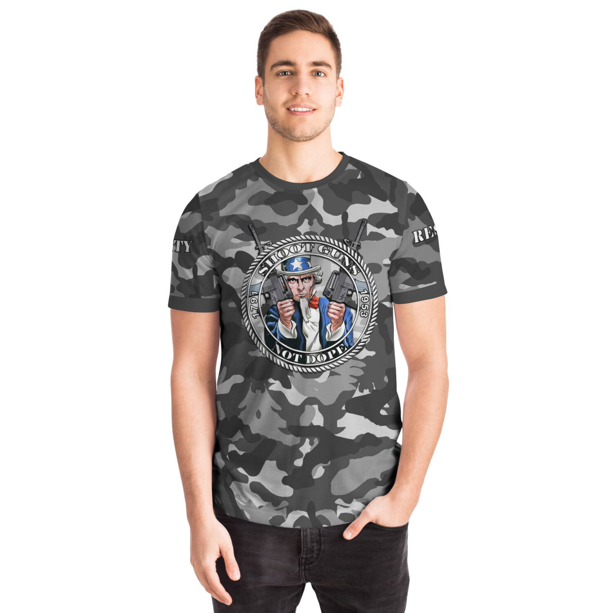 Shoot Guns Not Dope AOP T-shirts