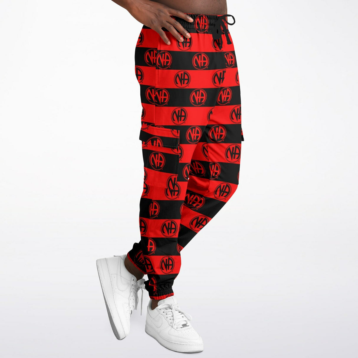 Red & Black Striped NA Symbol AOP SWEAT PANTS