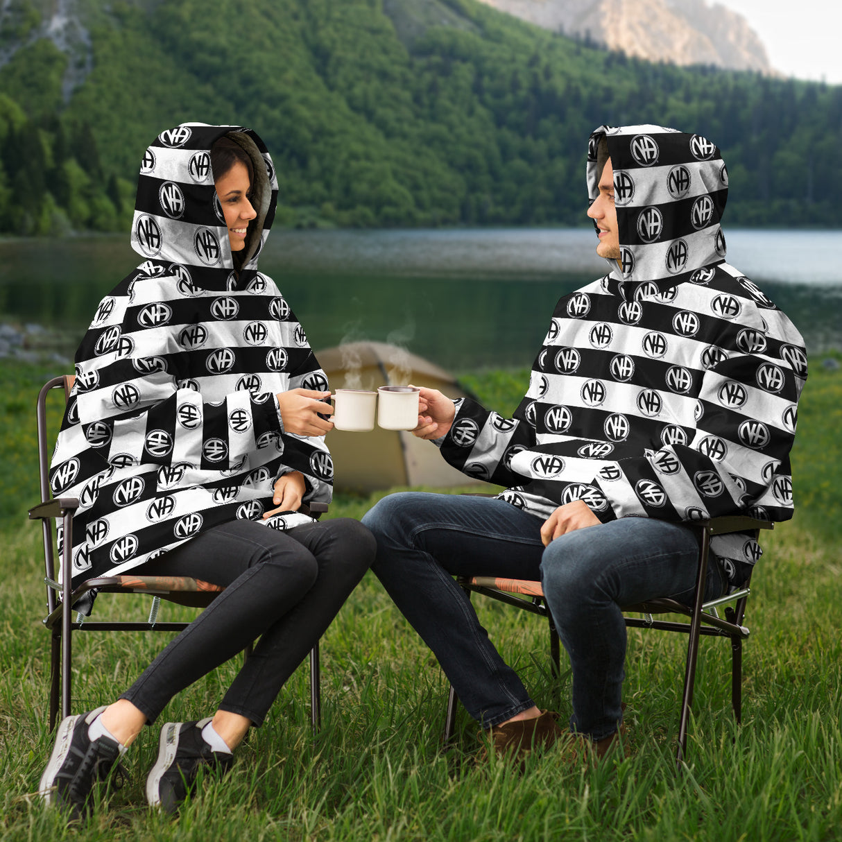 Black Striped Symbol Snug Hoodie - AOP