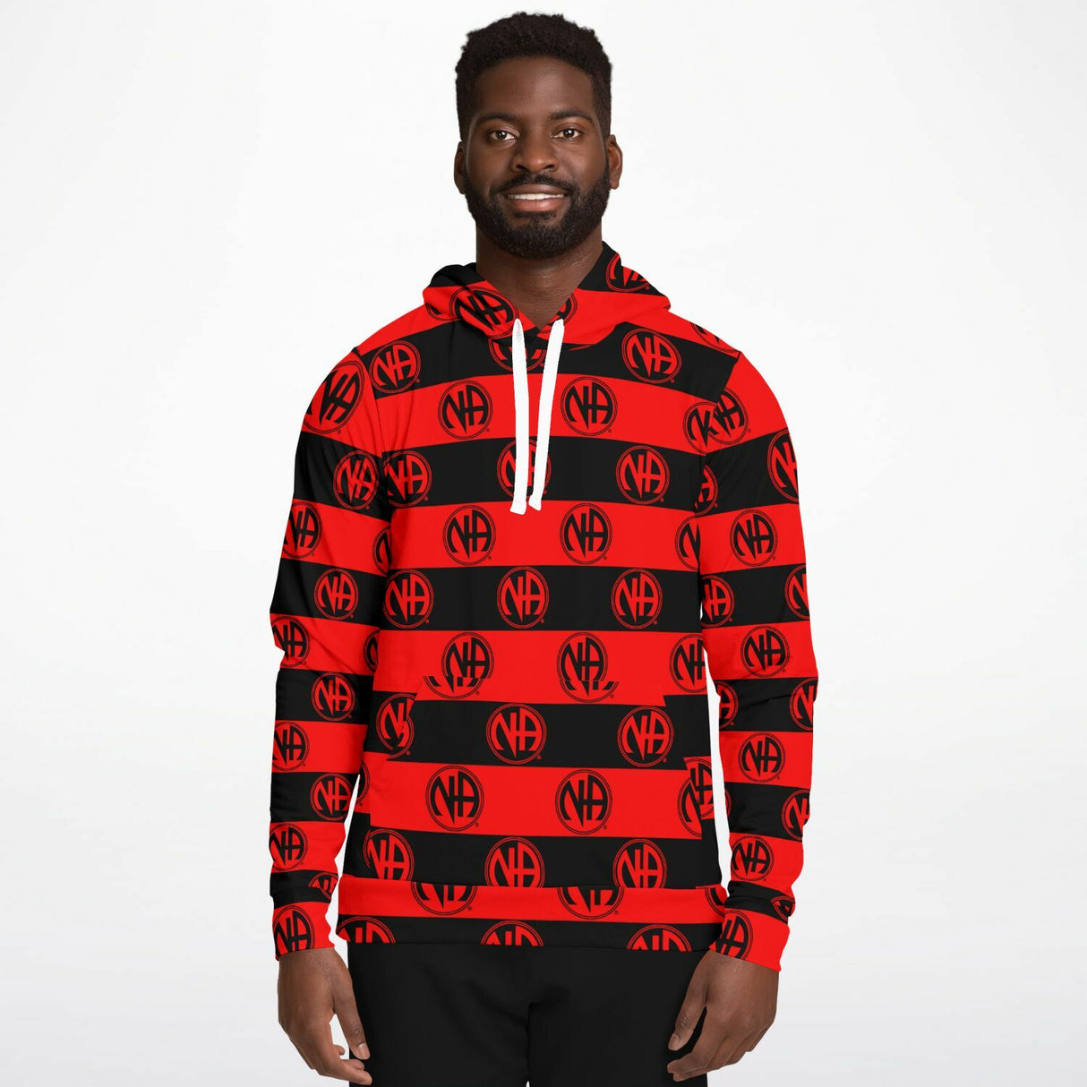 Red & Black Striped NA Symbol AOP Hoodie