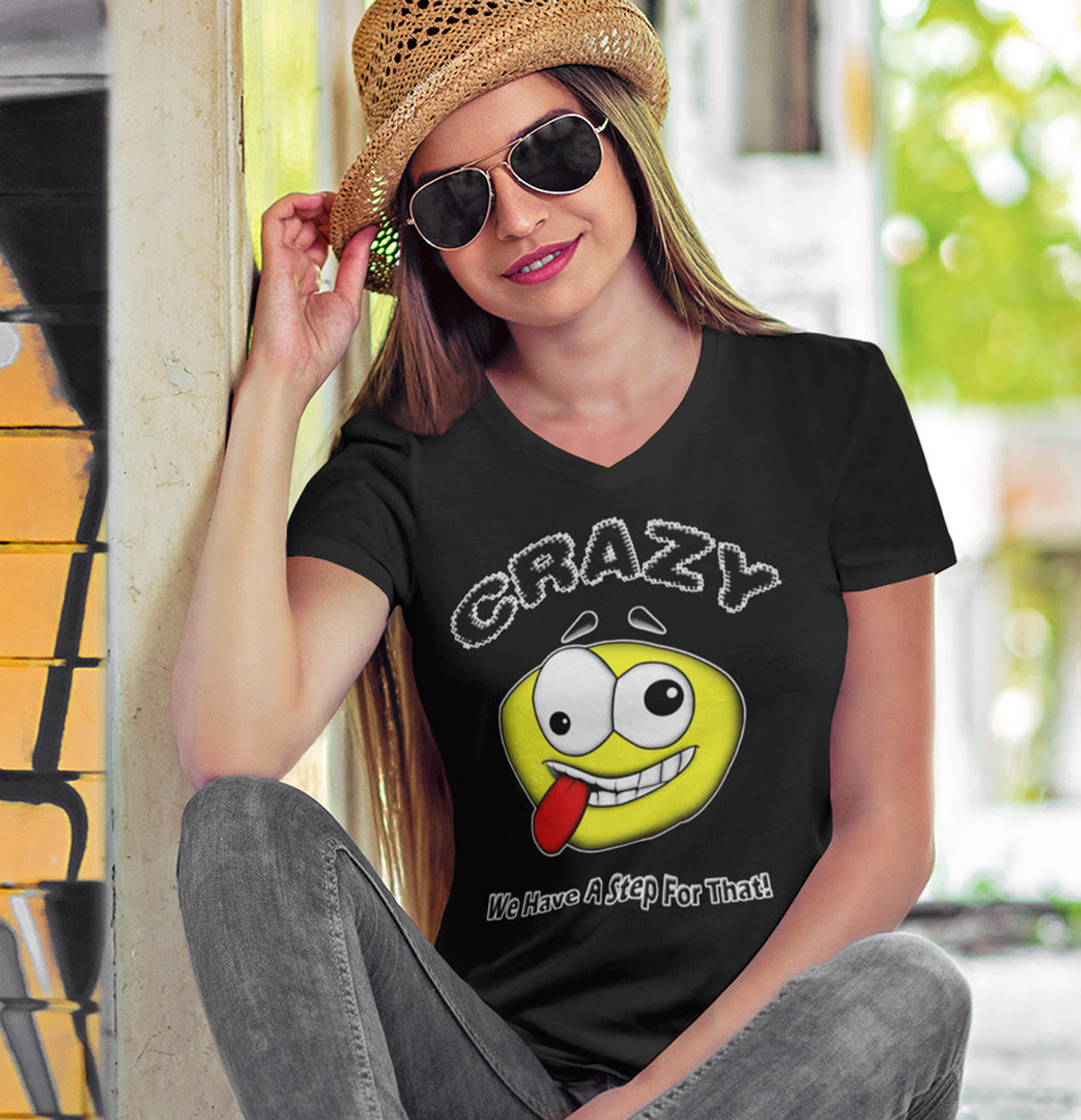 Crazy Emoji dtg V-Neck Tee