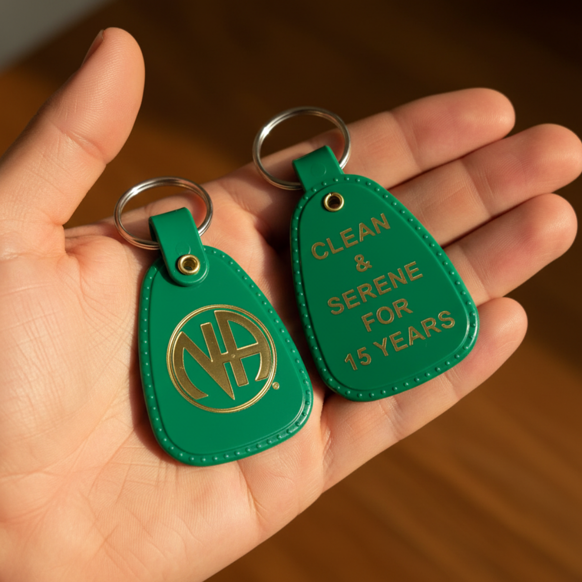 Two green teardrop-shaped leather keychains with metal key rings, shown front and back on a white background. The front features a gold circular 'NHA' emblem, and the back reads 'CLEAN & SERENE FOR 15 YEARS' in gold lettering.