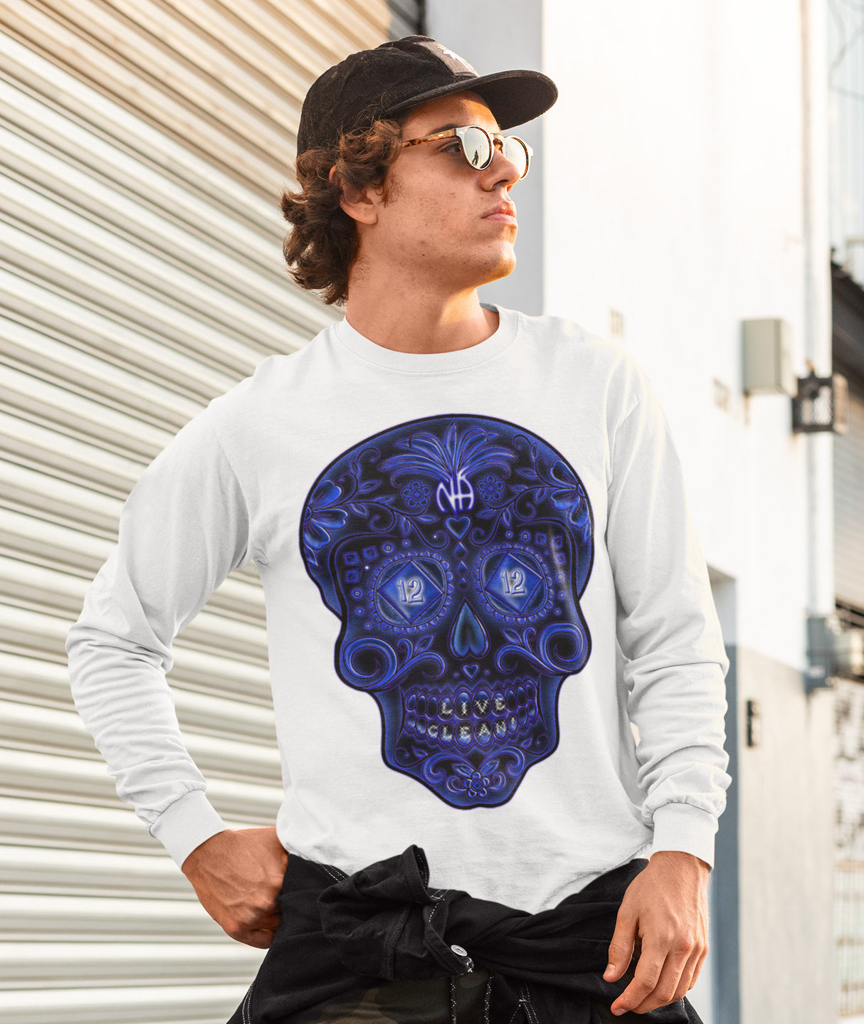 Sugar Skull In Blue Long Sleeve dtg Tee