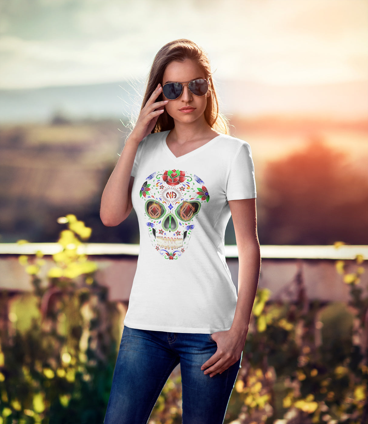 Sugar Skull Inverted dtg V-Neck Tee
