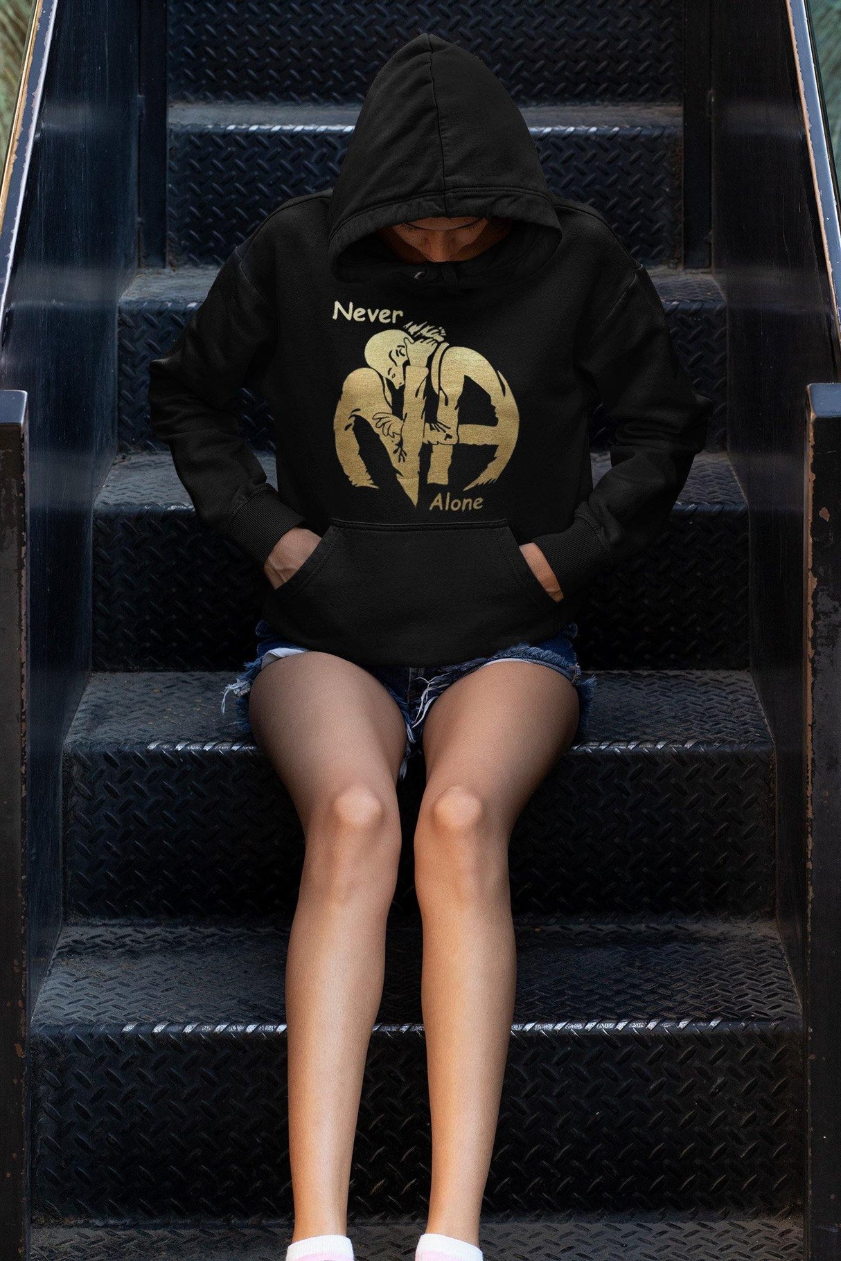 Hoodie - Hugs Never Alone - Black - nawears