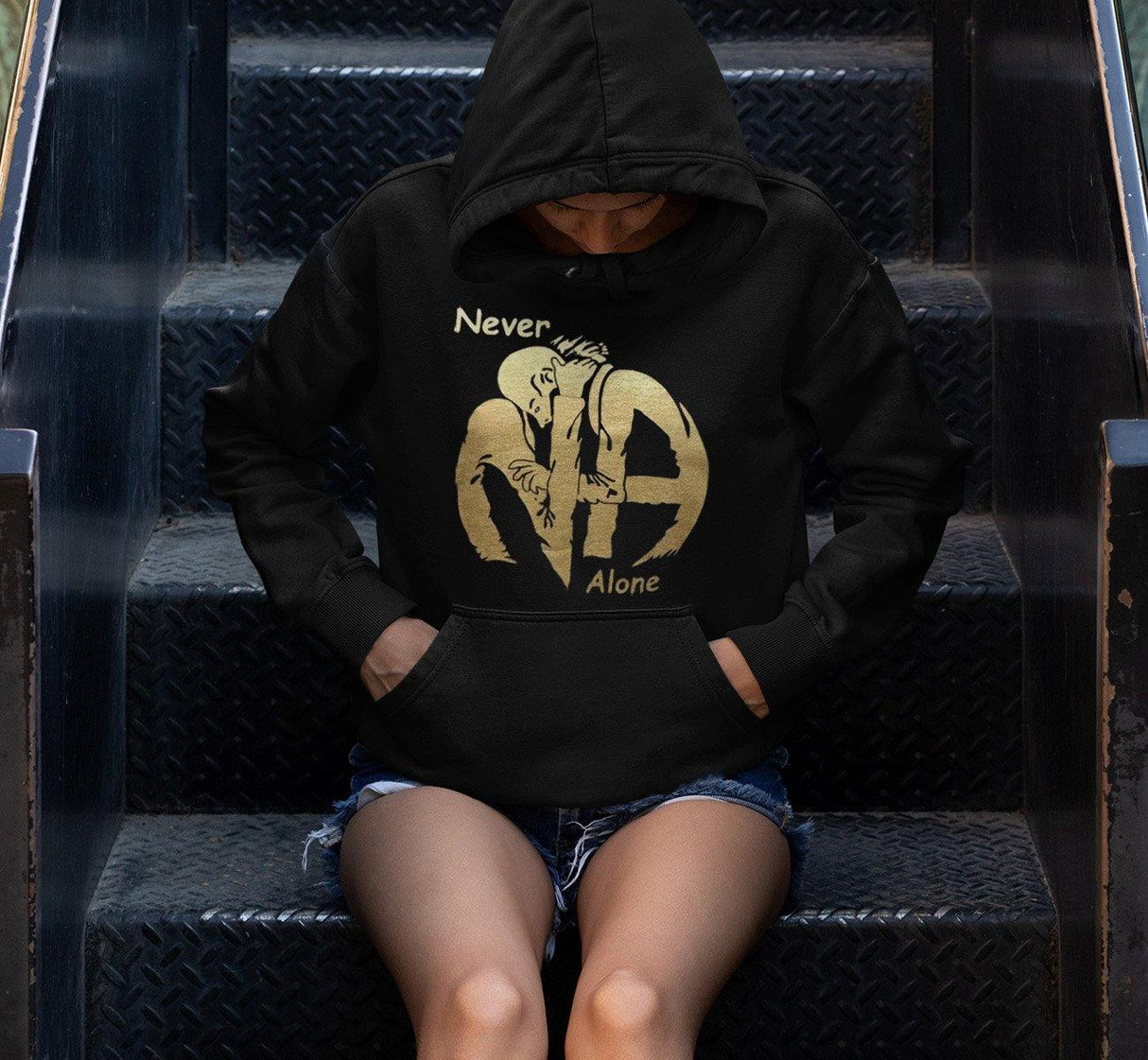 Hoodie Hugs Never Alone Black - nawears