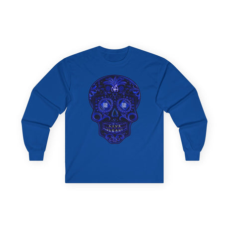 Sugar Skull In Blue  Long Sleeve dtg Tee