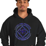 Person wearing a black hoodie with a blue logo on a white background