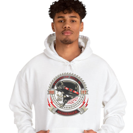 Person wearing a white hoodie with a graphic design on a white background