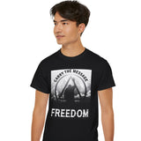 Person wearing a black t-shirt with a graphic design and text on a white background