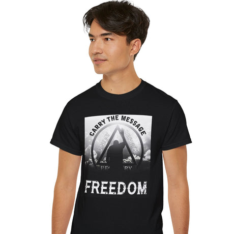 Person wearing a black t-shirt with a graphic design and text on a white background