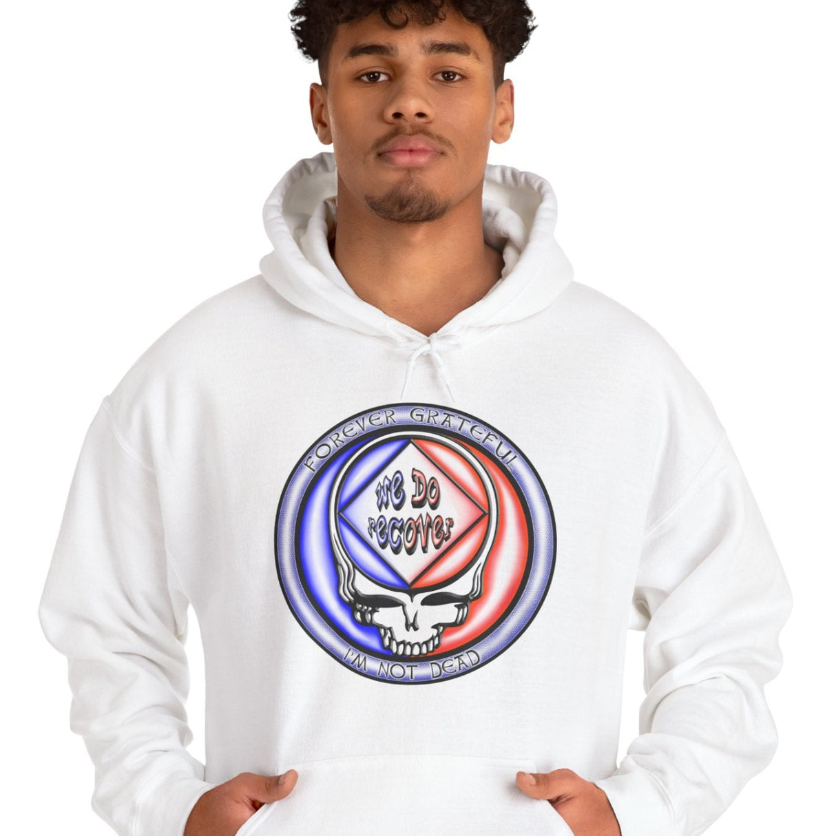 Person wearing a white hoodie with a graphic design on a white background