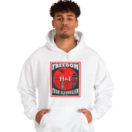 Person wearing a white hoodie with a red and black graphic design on a white background