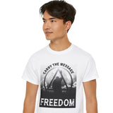 Man wearing a white t-shirt with a graphic design and text on a white background