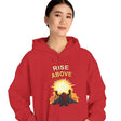 Person wearing a red hoodie with 'Rise Above' design on a white background