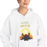 Person wearing a white hoodie with 'Rise Above' graphic design on a white background