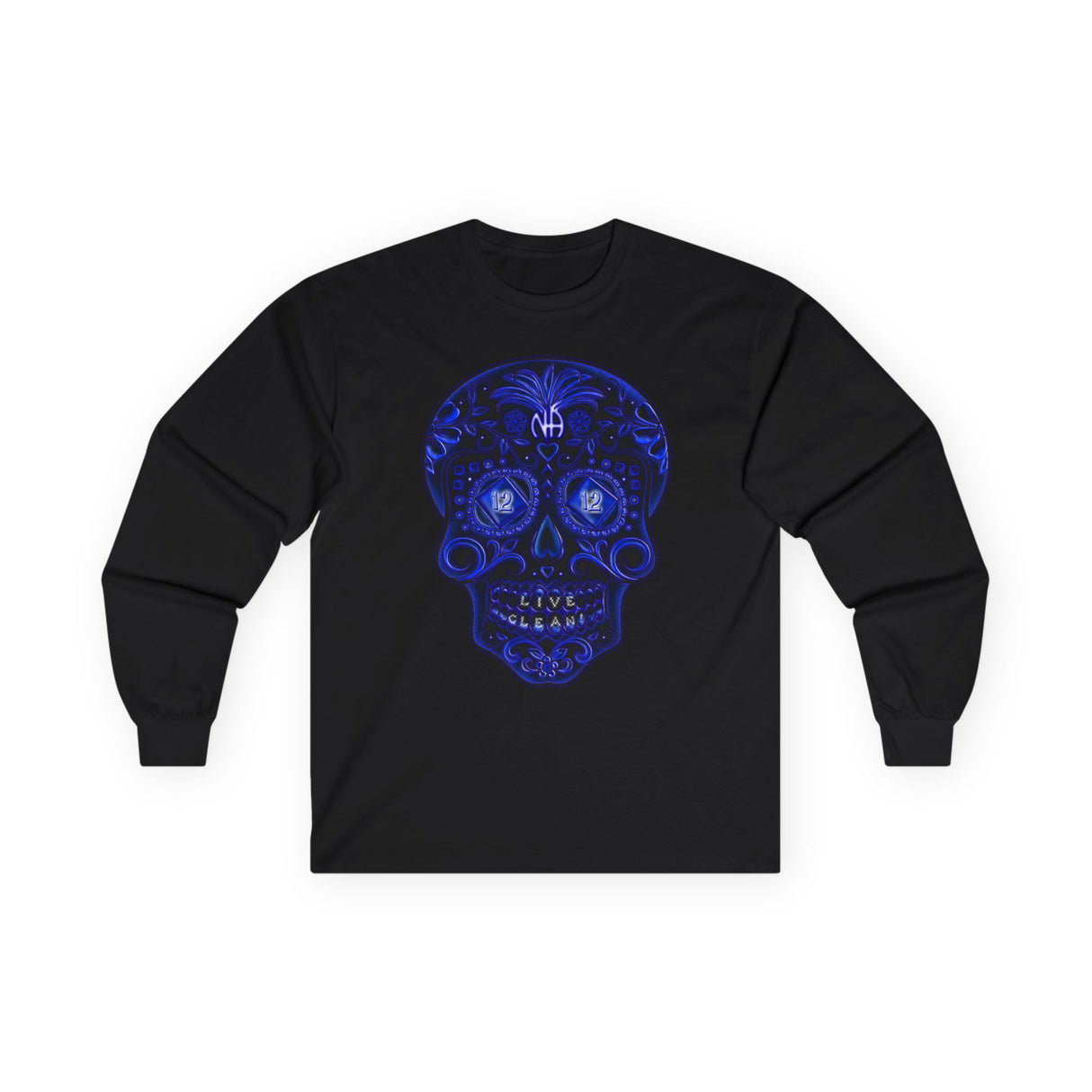 Sugar Skull In Blue  Long Sleeve dtg Tee