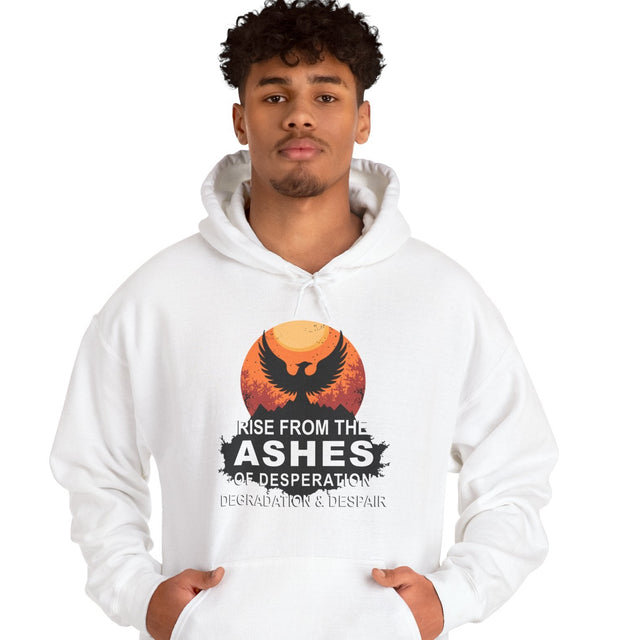 Person wearing a white hoodie with a motivational design on a white background