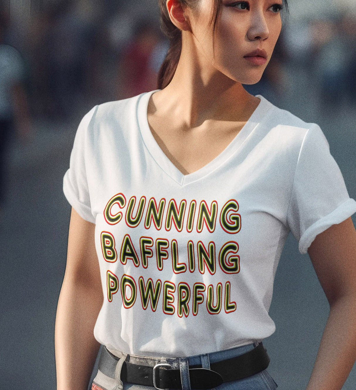 Cunning Baffling Powerful dtg V-Neck Tee