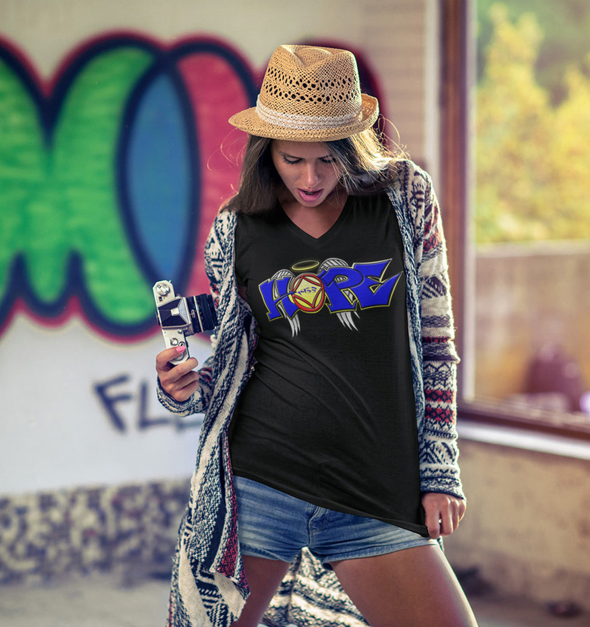 Hope Wings Graffiti Style dtg V-Neck Tee