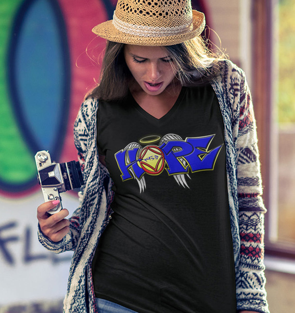 Hope Wings Graffiti Style dtg V-Neck Tee