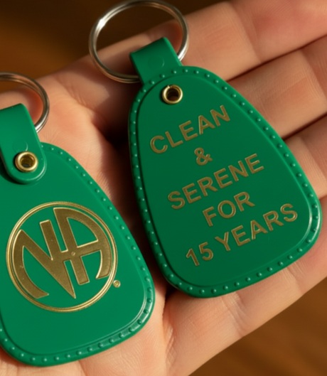 Two green teardrop-shaped keychain fobs held in a hand. One fob features a gold circular emblem with stylized letters, and the other features the text 'CLEAN & SERENE FOR 15 YEARS' in gold.