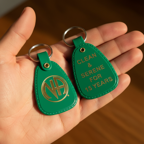 Two green teardrop-shaped leather keychains with metal key rings, shown front and back on a white background. The front features a gold circular 'NHA' emblem, and the back reads 'CLEAN & SERENE FOR 15 YEARS' in gold lettering.