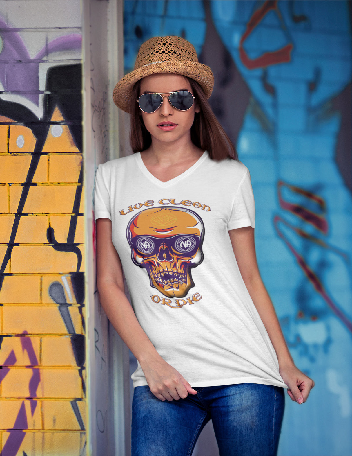 Live Clean Skull  dtg V-Neck Tee