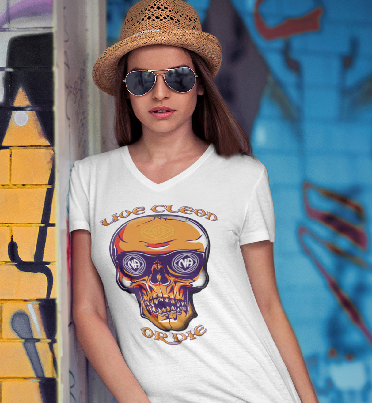 Live Clean Skull  dtg V-Neck Tee