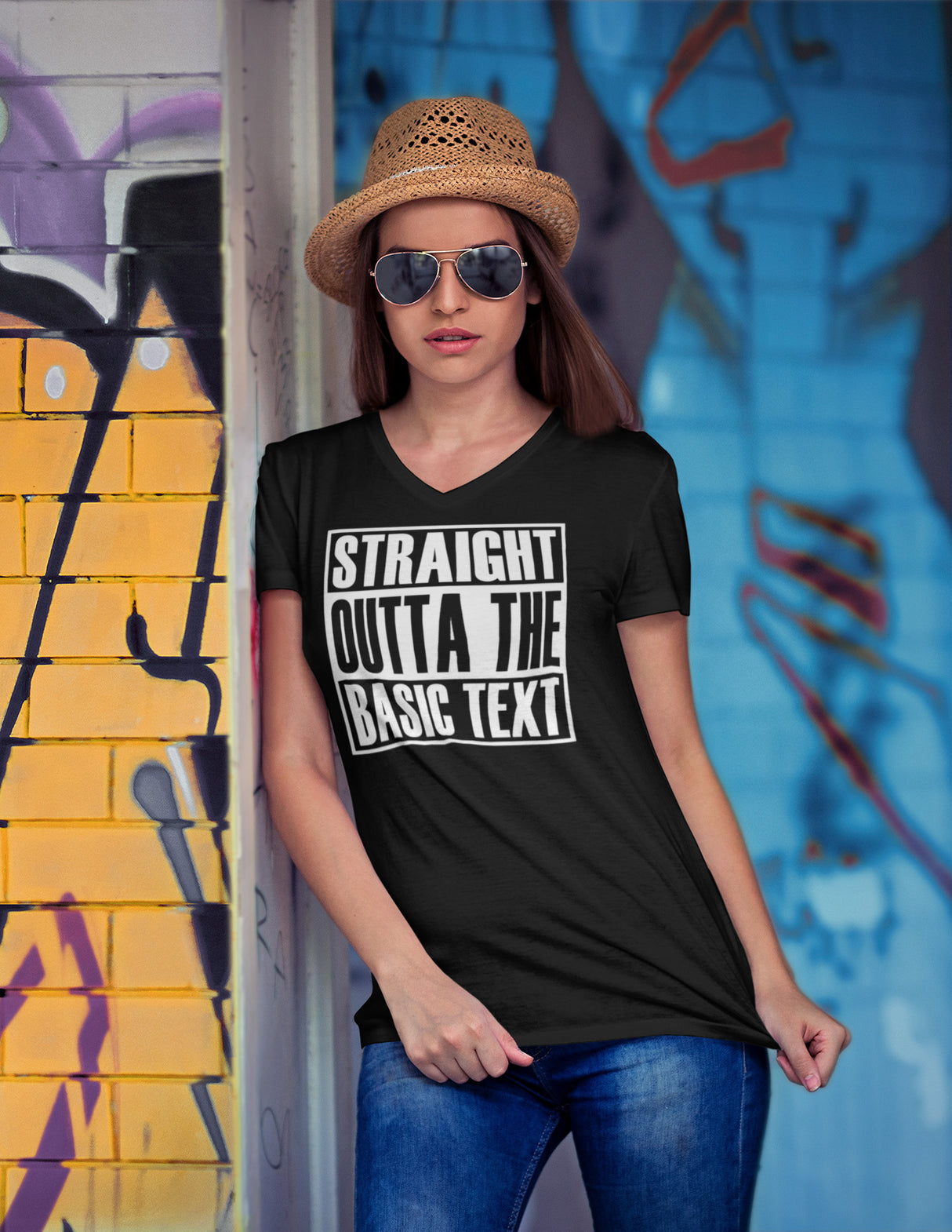 Straight Outta the Basic Text dtg V-Neck Tee