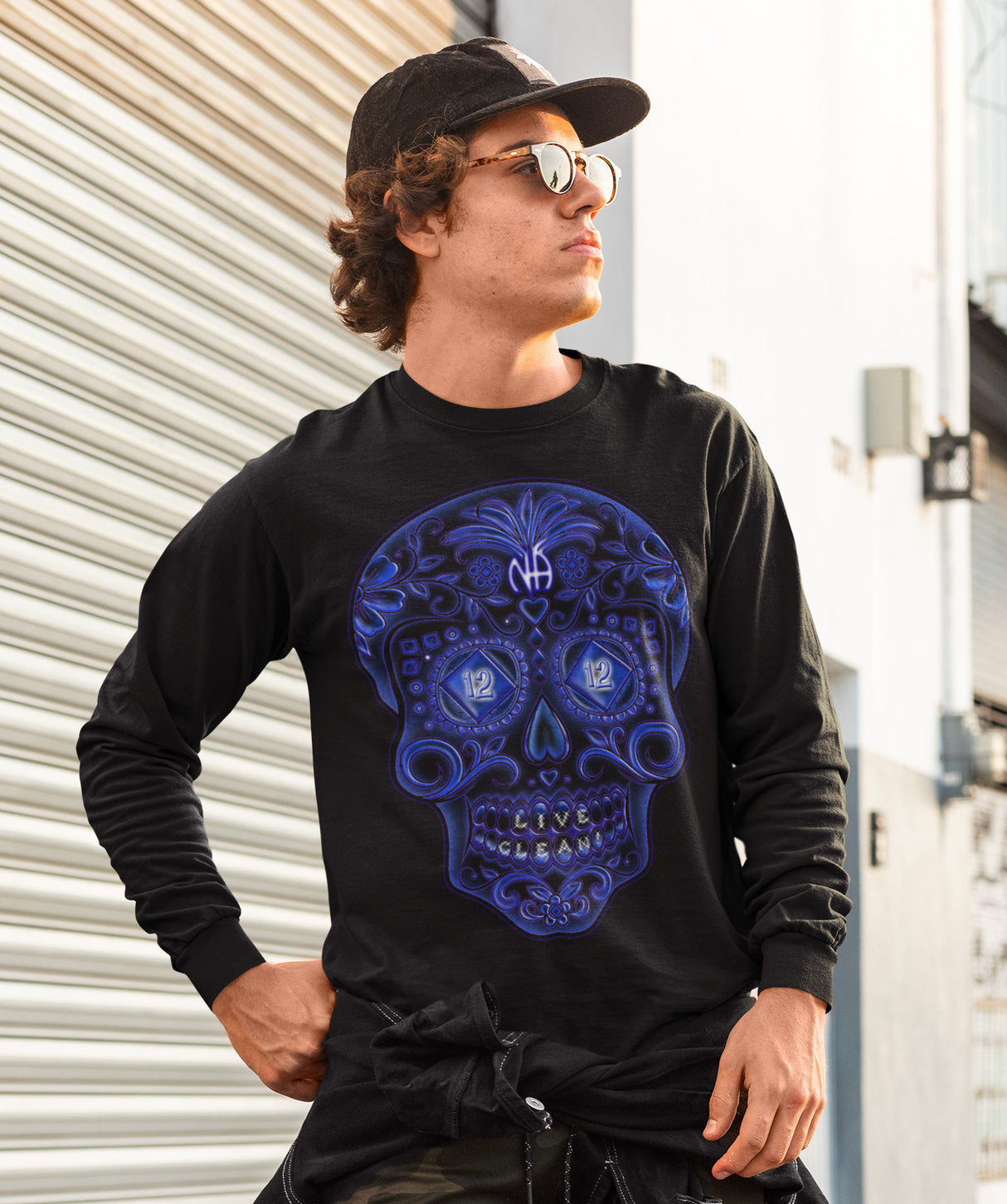 Sugar Skull In Blue  Long Sleeve dtg Tee