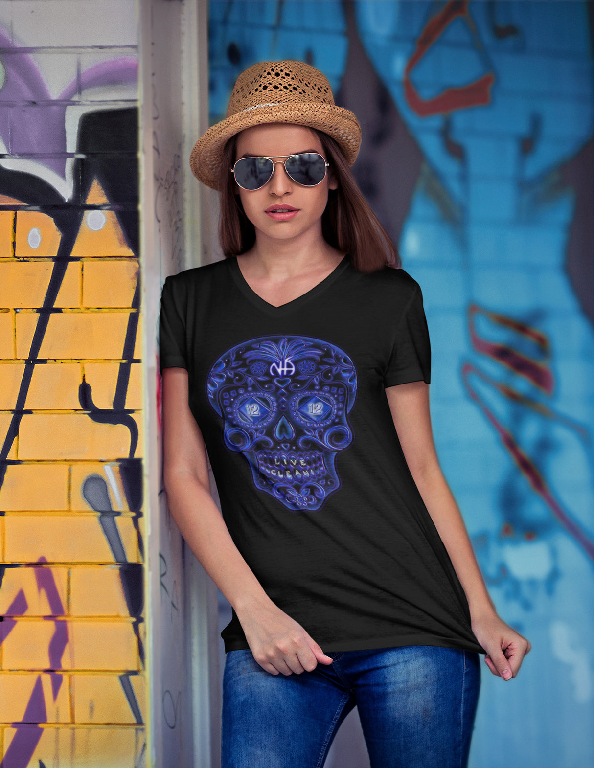 Sugar Skull Blue Life V,2 dtg V-Neck Tee