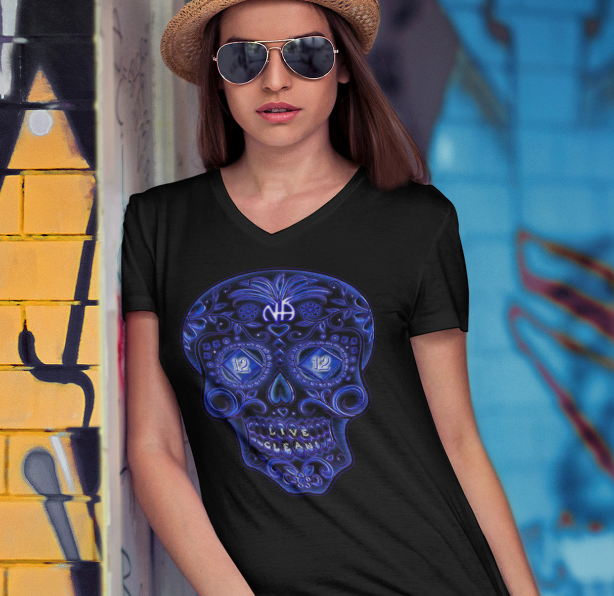 Sugar Skull Blue Life V,2 dtg V-Neck Tee