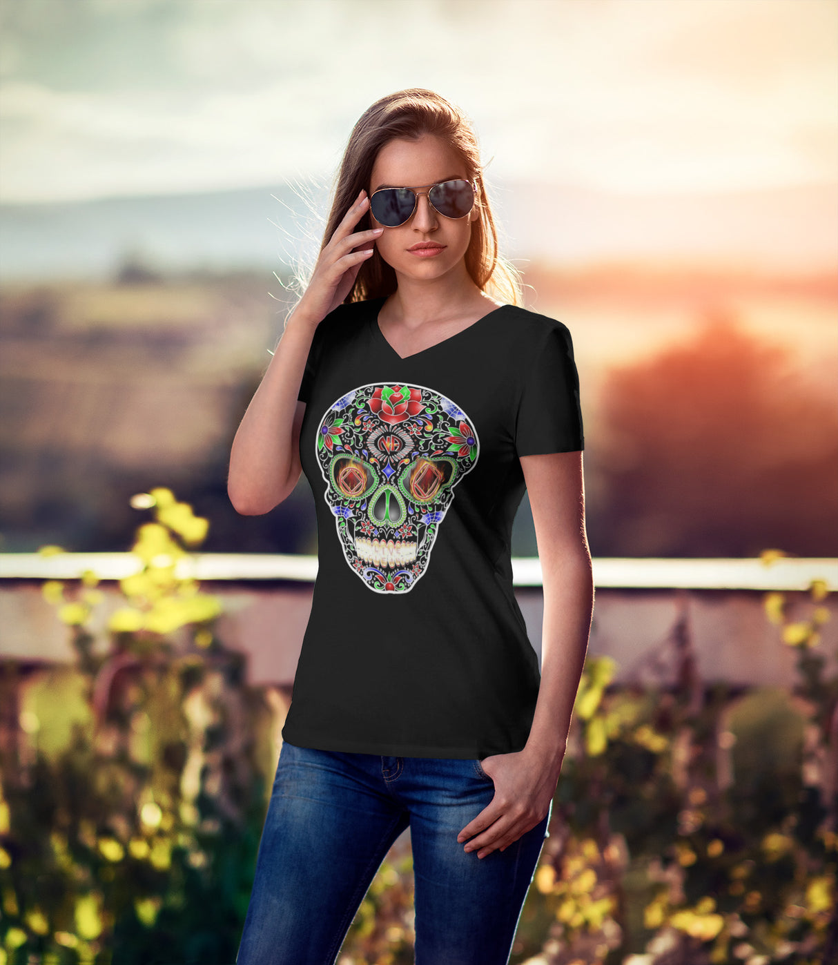 Sugar Skull Inverted dtg V-Neck Tee