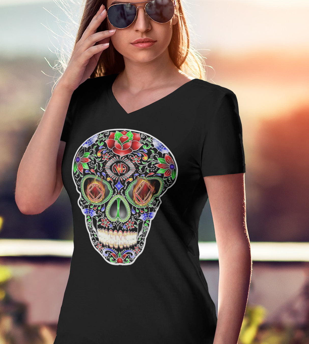 Sugar Skull Inverted dtg V-Neck Tee