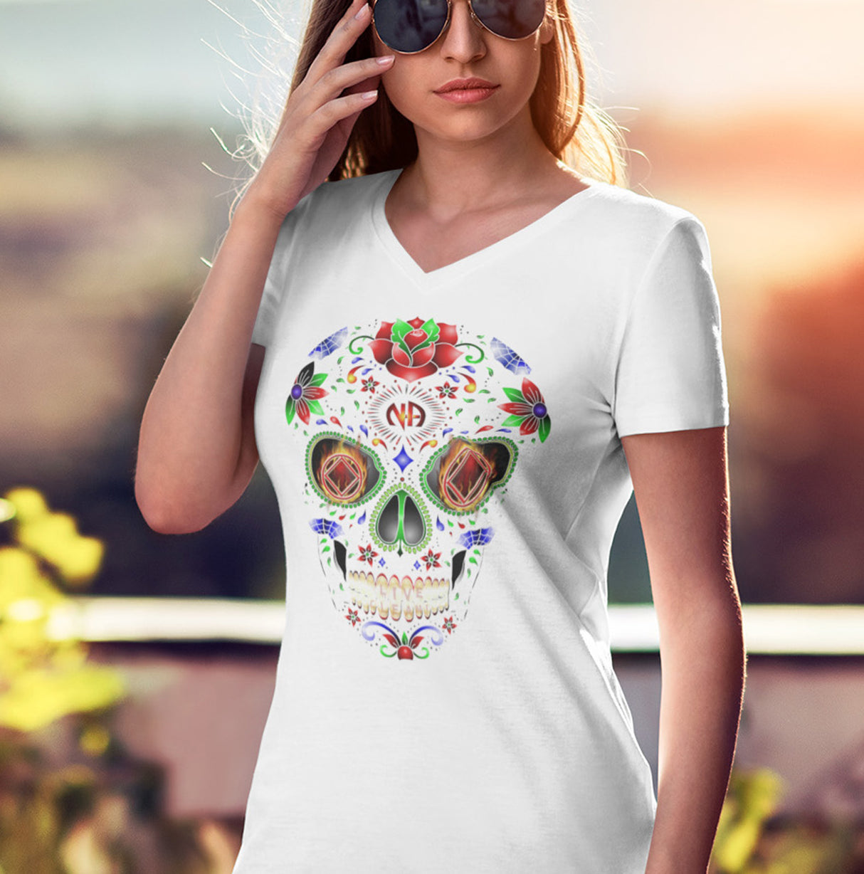 Sugar Skull Inverted dtg V-Neck Tee
